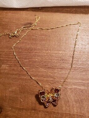 Goldtone Sterling Silver Necklace & Multi Color Stone Butterfly Pendant